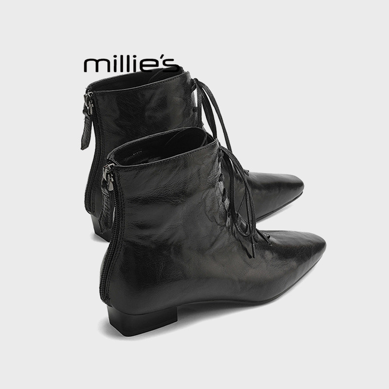 MILLIE'S/妙丽法式尖头短靴女系带时装靴保暖加绒粗跟真皮及踝靴Q