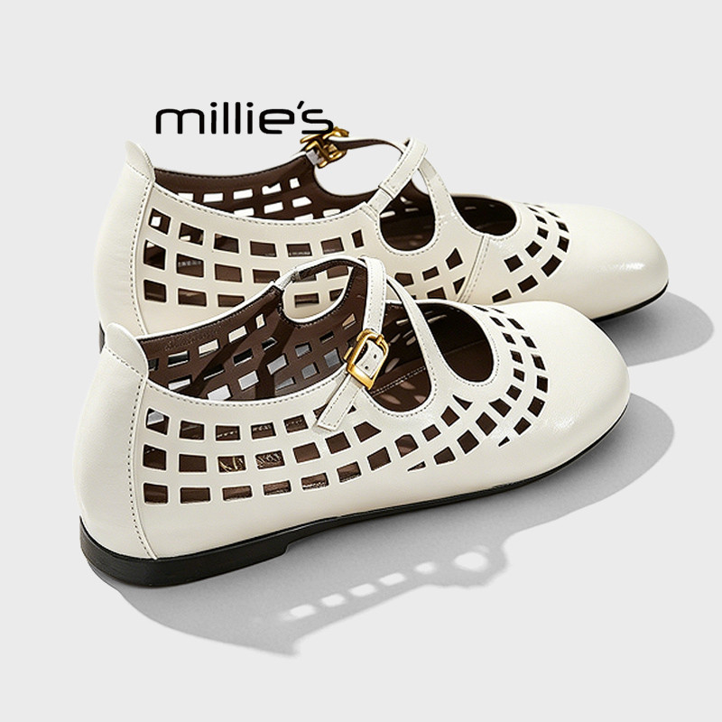 MILLIE'S/妙丽复古圆头镂空交叉带玛丽珍鞋女夏季浅口单鞋平底鞋Z