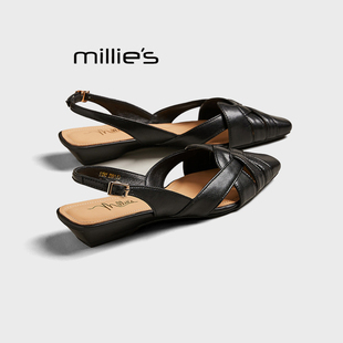 MILLIE'S/妙丽羊皮软底包头凉鞋新款夏季不累脚女鞋舒适平底鞋