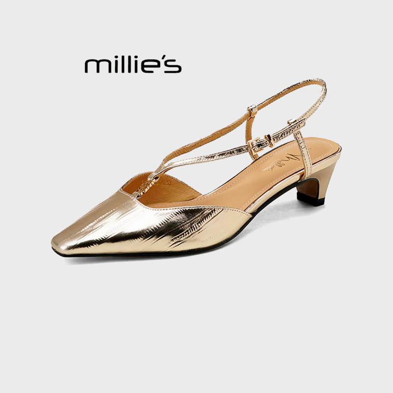 MILLIE'S/妙丽2025新款真皮包头凉鞋女春夏款绝美细带后空高跟鞋Z