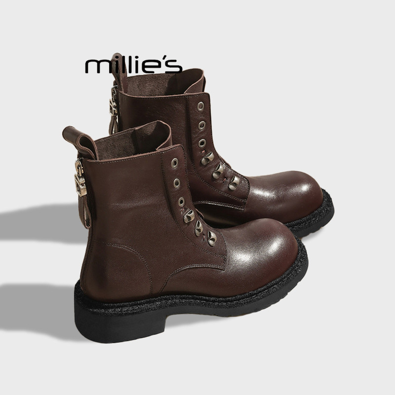MILLIE'S/妙丽复古褶皱马丁靴女新款英伦风厚底后拉链机车靴短靴Q,女鞋,时装靴,淘宝优惠券,粉丝福利购,淘宝优惠卷