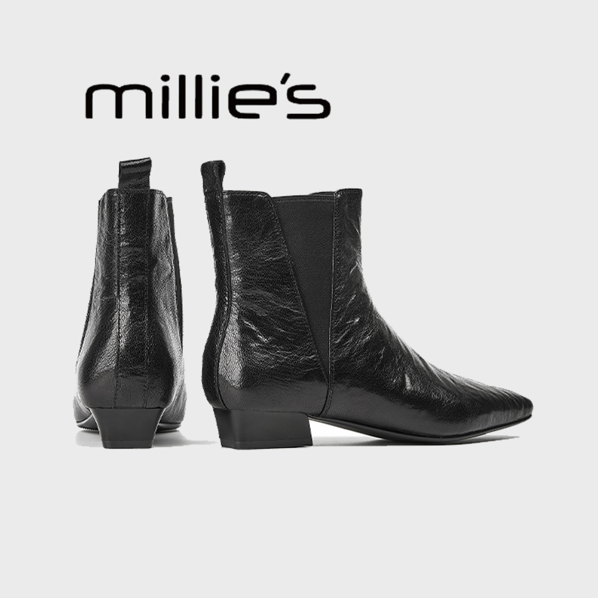 MILLIE'S/妙丽切尔西短靴女冬新款加绒小踝靴手工羊皮尖头时装靴