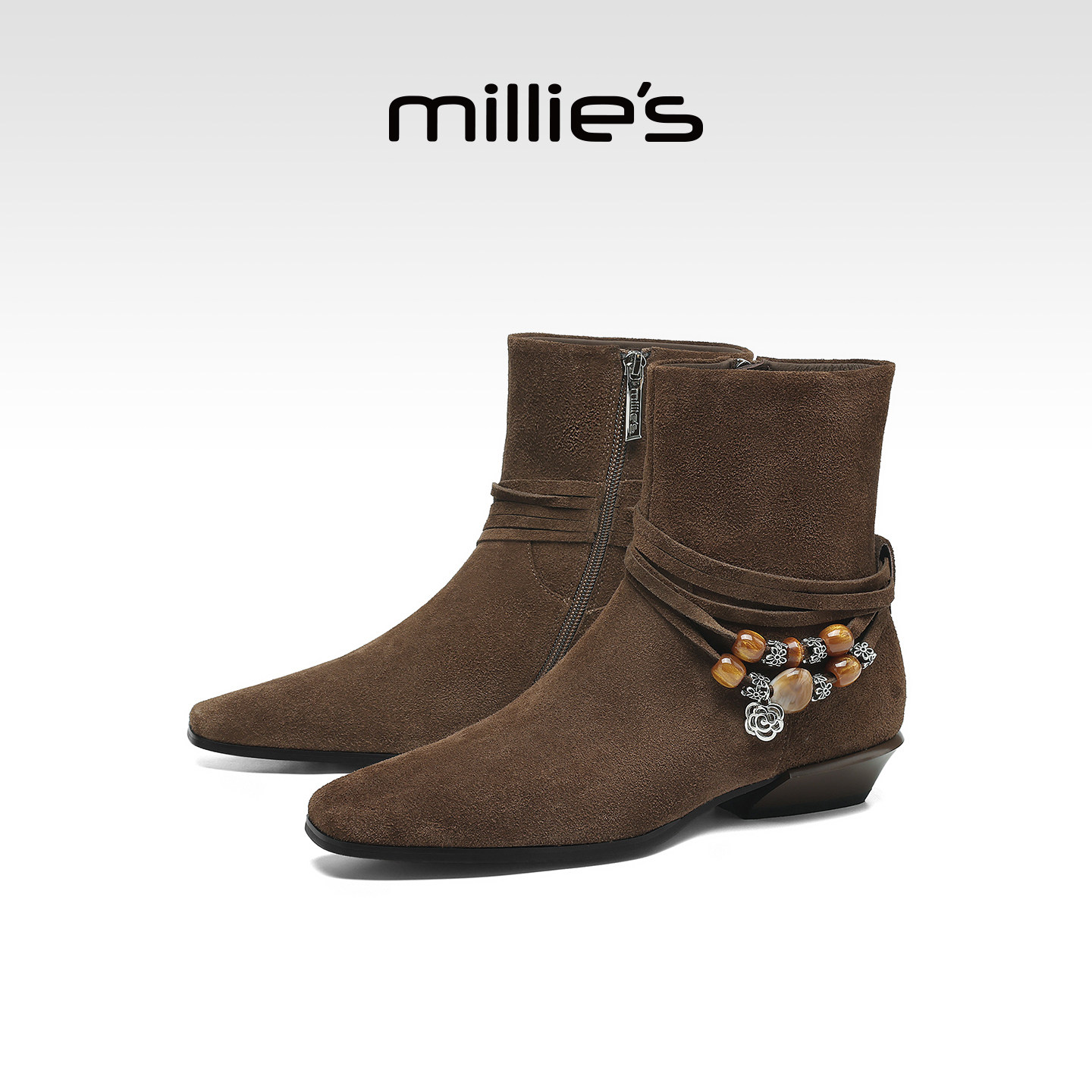 MILLIE'S/妙丽2026新款秋冬气质粗跟瘦瘦靴银色女时尚及踝靴子