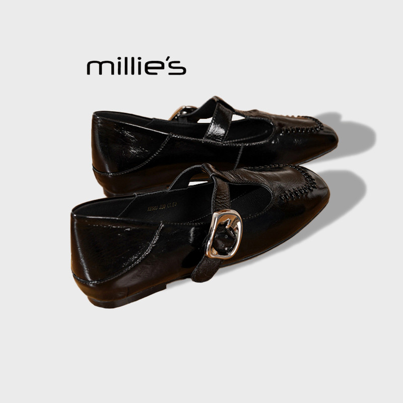 MILLIE'S/妙丽粗跟方头单鞋女学院风法式复古浅口皮带扣玛丽珍鞋