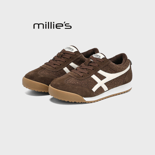 咖色真皮运动鞋 MILLIE 女百搭软底休闲鞋 妙丽反绒皮阿甘鞋