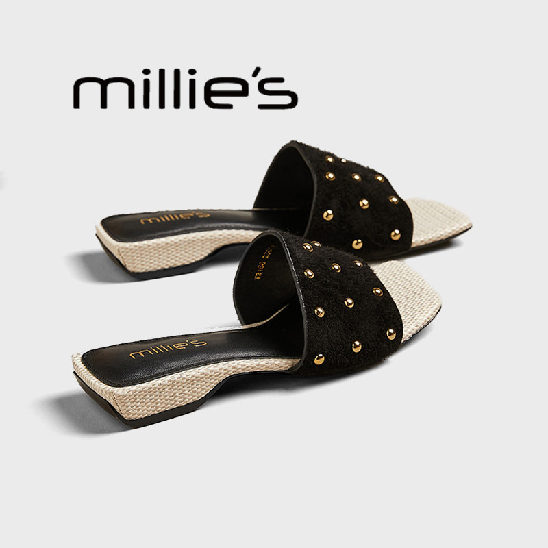 MILLIE'S/妙丽铆钉平底粗跟拖鞋