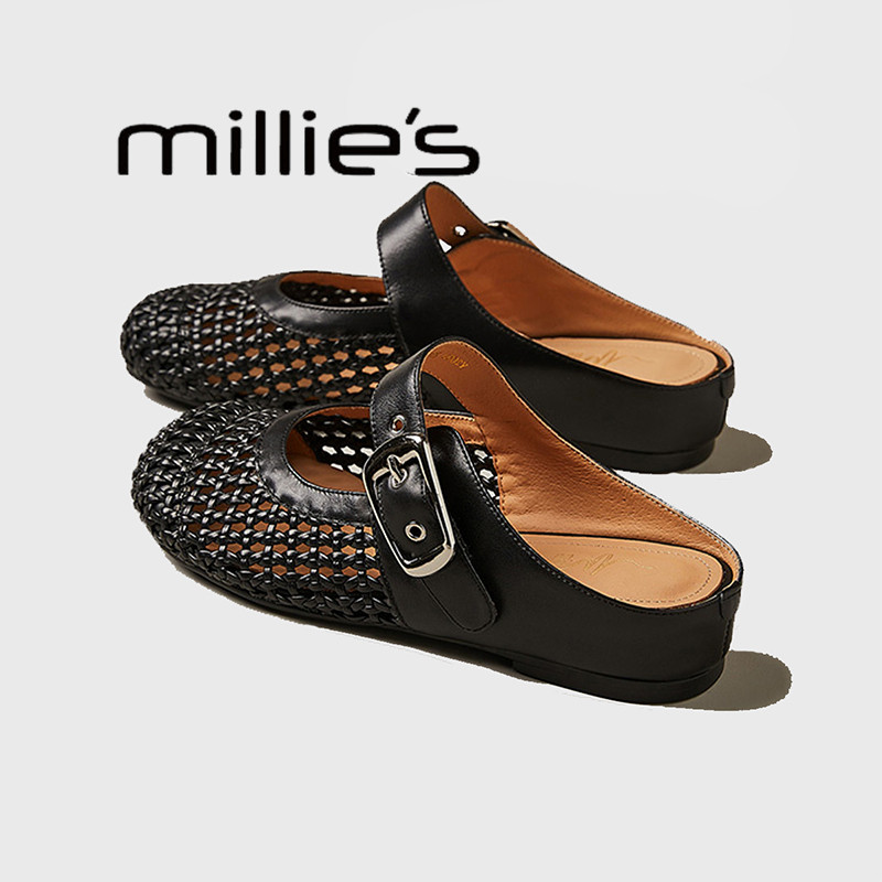 MILLIE'S/妙丽网红编织平底透气厚底包头半拖女2026新款镂空拖鞋,女鞋,穆勒鞋,淘宝优惠券,粉丝福利购,淘宝优惠卷
