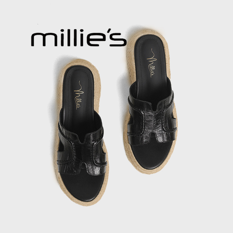 MILLIE'S/妙丽真皮厚底松糕凉拖鞋女夏外穿2026新款草编休闲凉鞋
