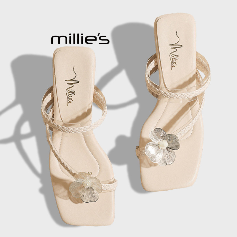 MILLIE'S/妙丽拖鞋女外穿2026夏款高级感水钻花朵配裙子绝美凉鞋Z