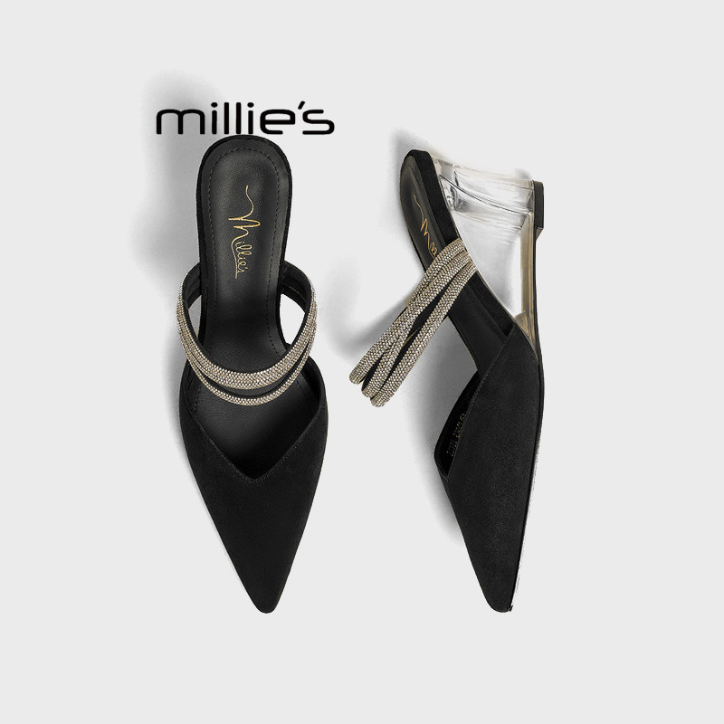 MILLIE'S/妙丽2026夏款包头半拖鞋女水钻链不累脚外穿高跟拖鞋