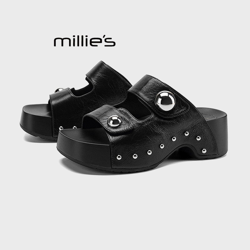 MILLIE'S/妙丽黑色铆钉厚底凉鞋女2026夏季时尚皮带扣中