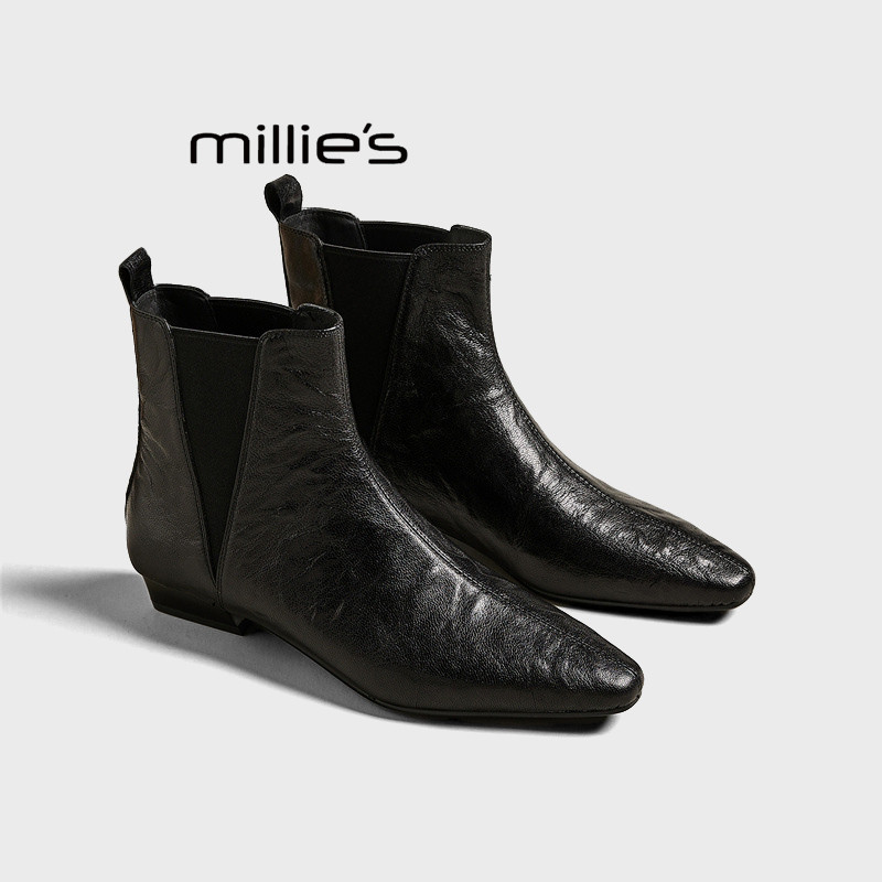 MILLIE'S/妙丽尖头平底复古手抓纹羊皮真皮气质单里切尔西短靴秋,女鞋,马丁靴,淘宝优惠券,粉丝福利购,淘宝优惠卷