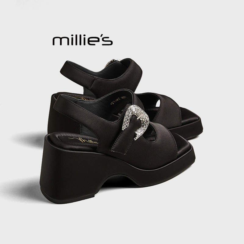 MILLIE'S/妙丽夏季新款真丝布面水钻皮带扣厚底增高休闲露趾凉鞋