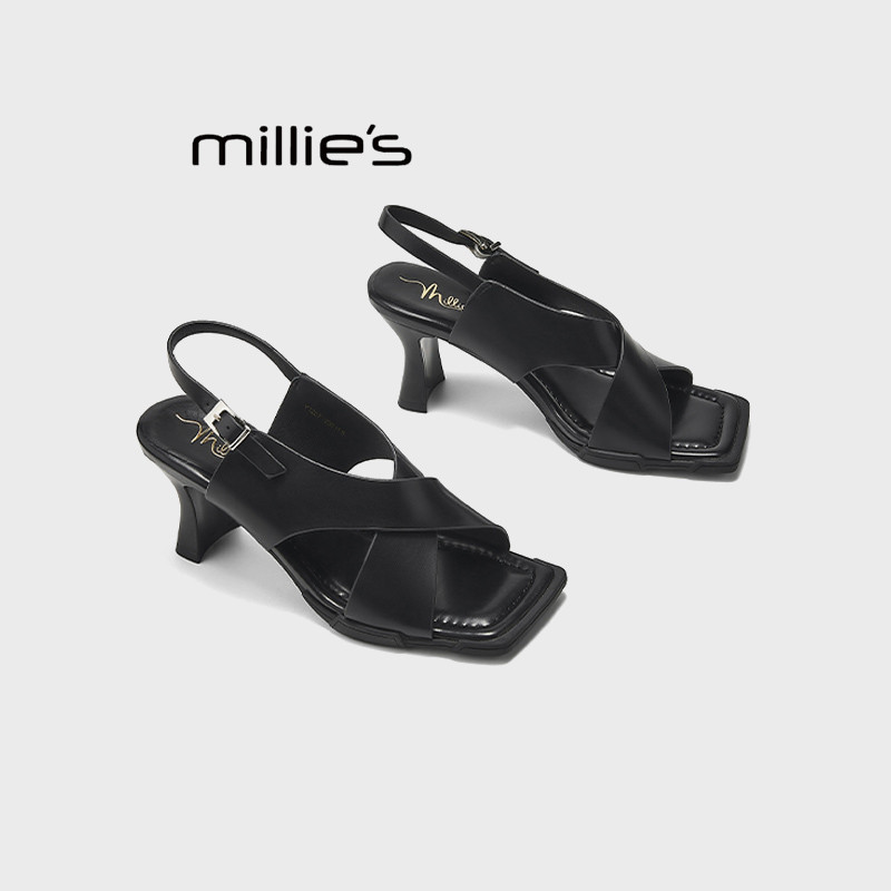 MILLIE'S/妙丽气质交叉绑带露趾细跟厚底高跟鞋一字扣凉鞋女夏季