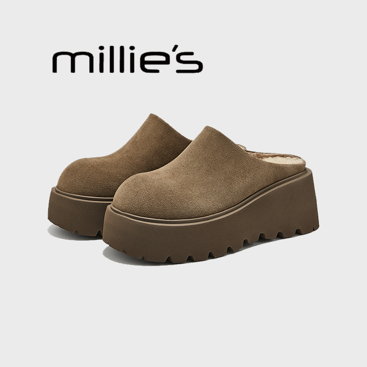 MILLIE'S/妙丽圆头厚底小个子增高磨砂皮保暖舒适时尚勃肯鞋冬季