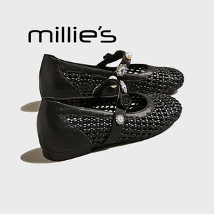 MILLIE'S/妙丽单鞋渔网鞋镂空平底鞋水钻真皮内里编织女鞋凉鞋夏