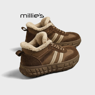 保暖厚底休闲运动板鞋 MILLIE 女秋冬季 妙丽加绒加厚高帮德训鞋