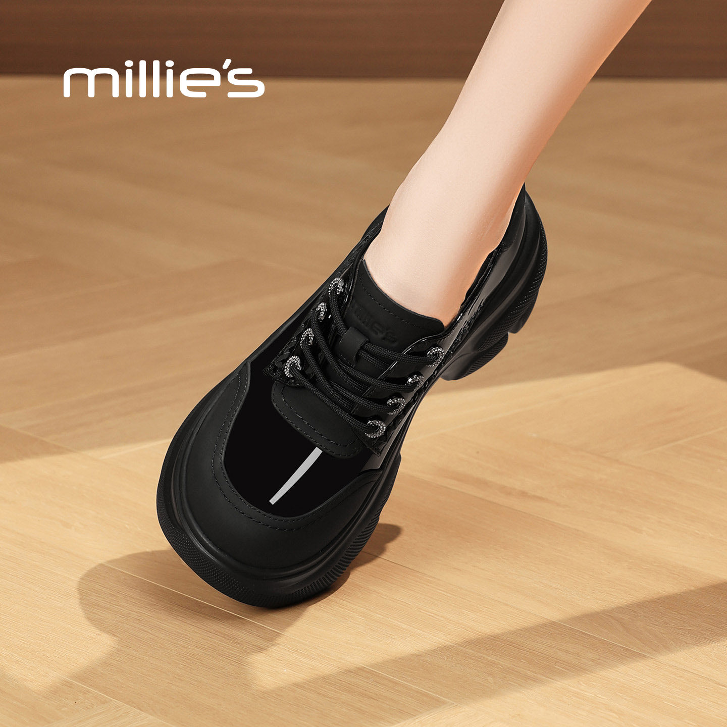 MILLIE'S/妙丽2026春季厚底乐福鞋女黑色圆头系带通勤英伦风单鞋Q,女鞋,时尚芭蕾鞋,淘宝优惠券,粉丝福利购,淘宝优惠卷