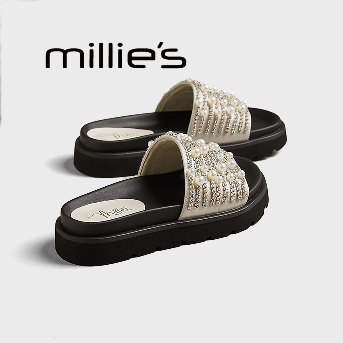 MILLIE'S/妙丽珍珠水钻凉拖鞋女
