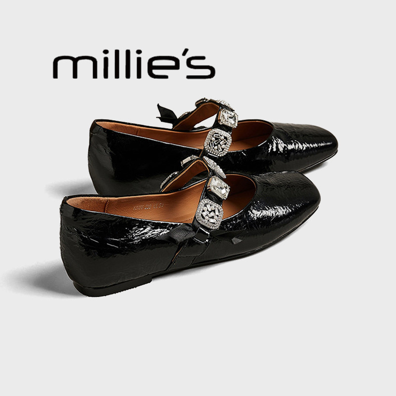 MILLIE'S/妙丽新款女鞋真皮法式平底浅口一字带银色玛丽珍单鞋春