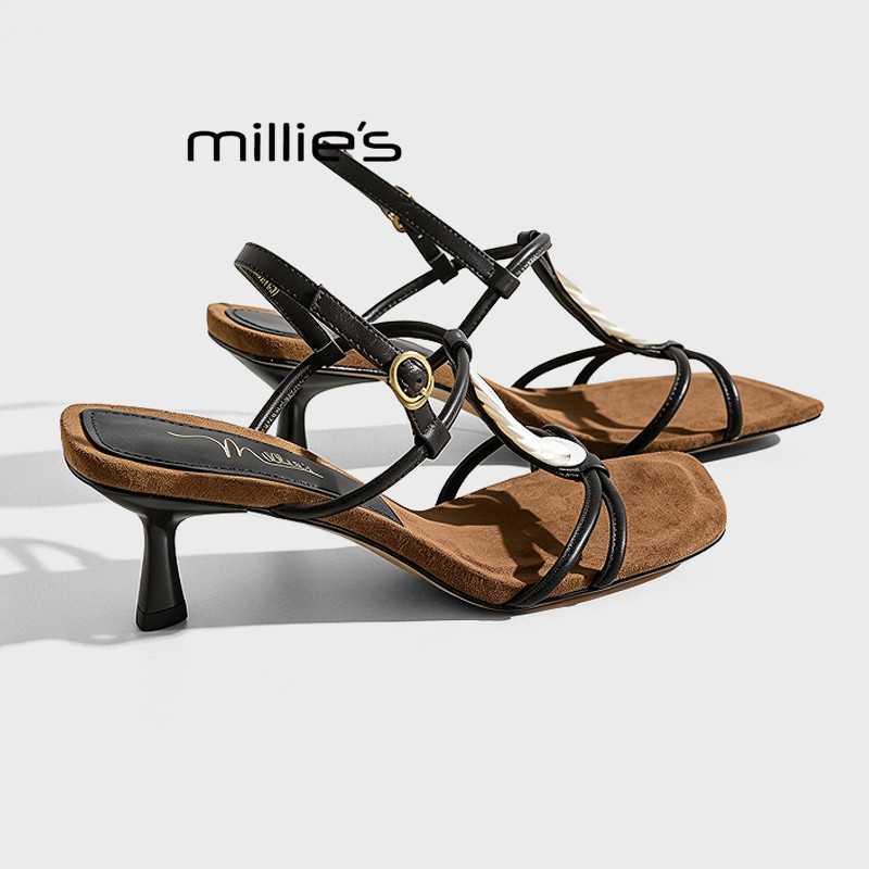 MILLIE'S/妙丽细带露趾凉鞋女2026夏季新款气质绝美一字带高跟鞋Z - 实物图
