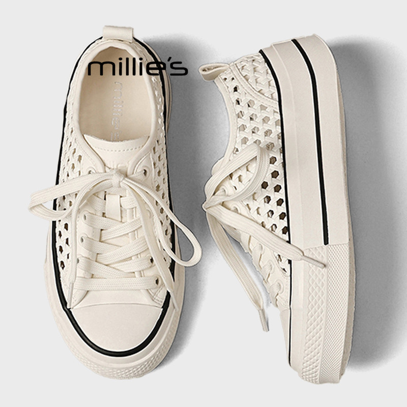 MILLIE'S/妙丽网眼镂空透气德训鞋女2026夏季白色休闲运动板鞋Z