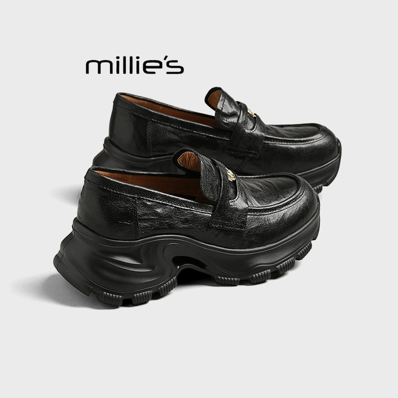 MILLIE'S/妙丽女士厚底真皮乐福鞋2026新款单鞋增高一脚蹬休闲鞋