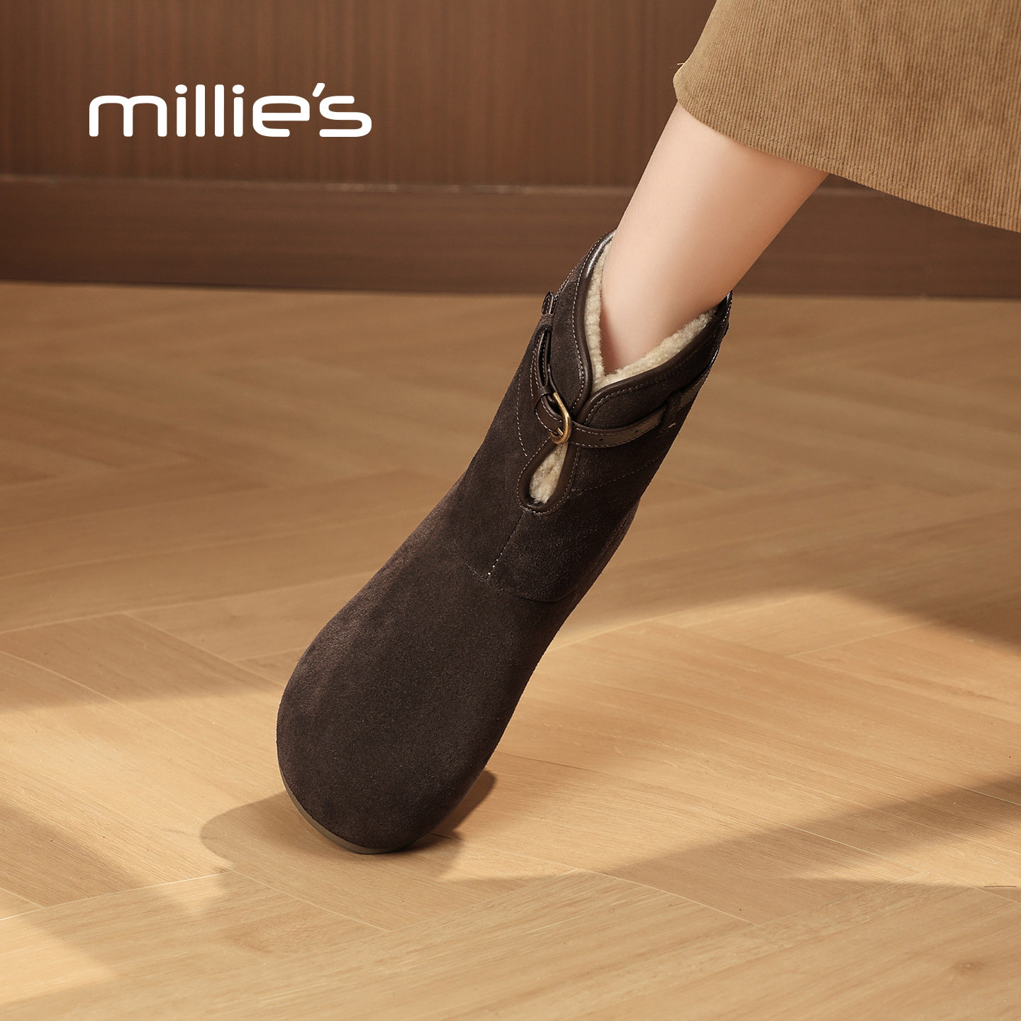 MILLIE'S/妙丽真皮短靴女加绒保暖百搭休闲马丁靴冬季翻毛皮靴Q