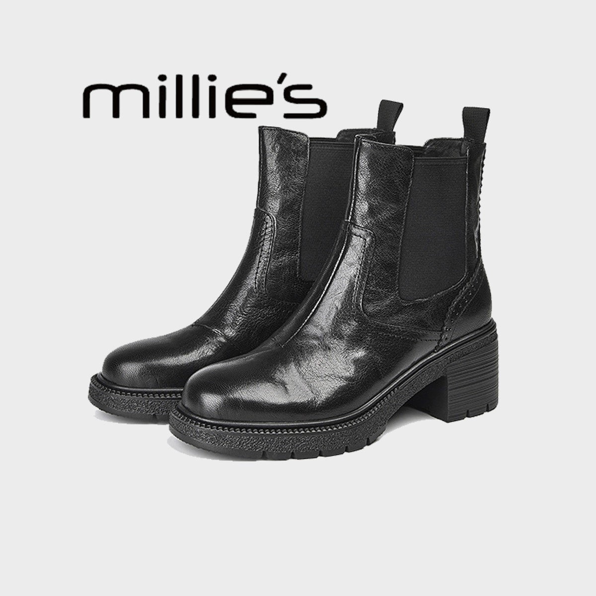 MILLIE'S/妙丽马丁靴黑色高跟显瘦烟筒靴冬季加绒加厚真皮短靴女