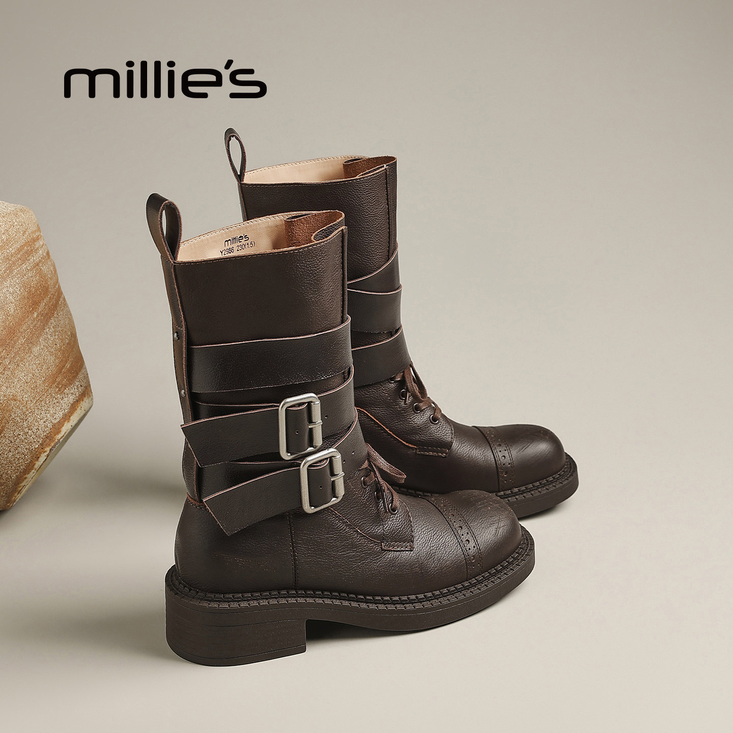 MILLIE'S/妙丽2026秋冬新款时尚百搭真皮厚底机车靴粗跟中筒靴