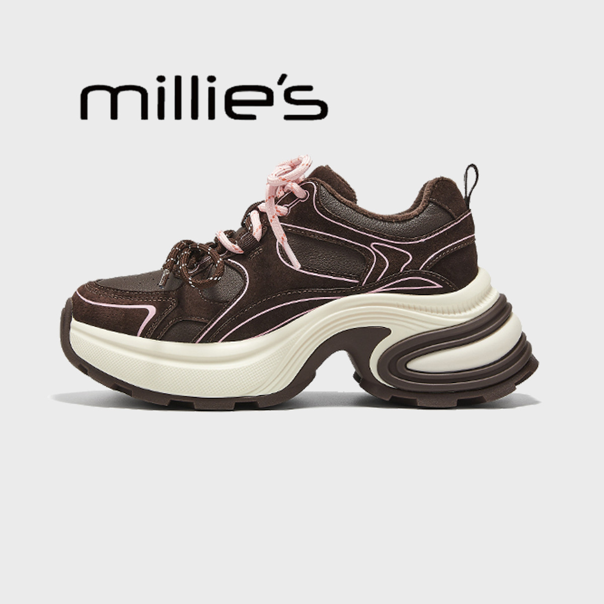 MILLIE'S/妙丽双色鞋带复古真皮休闲运动鞋小个子增高厚底老爹鞋,女鞋,洞洞鞋,淘宝优惠券,粉丝福利购,淘宝优惠卷