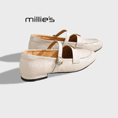 舒适女鞋 MILLIE 玛丽珍鞋 女米白色一字扣带低跟单鞋 妙丽法式
