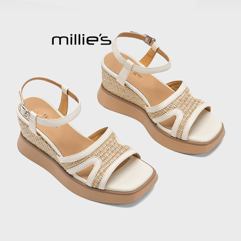 MILLIE'S/妙丽编织一字带坡跟凉鞋女夏厚底松糕舒适不累脚米白色Z