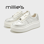MILLIE 女松糕底亮面透气休闲小白鞋 妙丽真皮厚底增高松糕板鞋