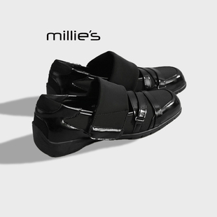 MILLIE'S/妙丽复古风黑色方头玛丽珍鞋厚底魔术贴交叉带百搭单鞋Z