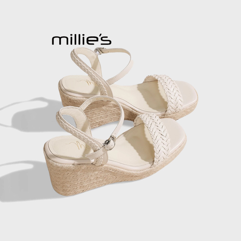 MILLIE'S/妙丽厚底凉鞋女草编底夏季新款编织露趾一字带高跟鞋
