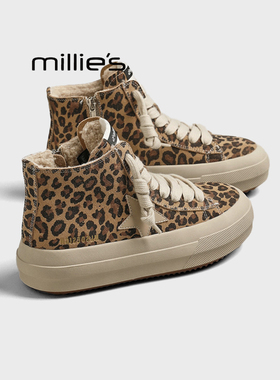 MILLIE'S/妙丽爆款星星高帮鞋女加绒加厚冬款侧拉链保暖棉鞋板鞋