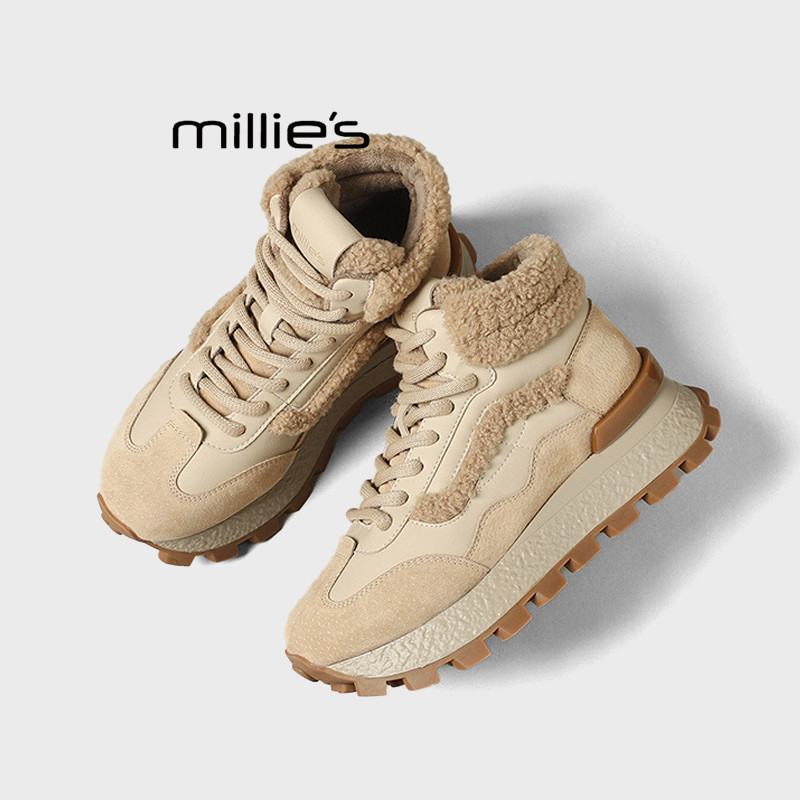 MILLIE'S/妙丽加绒保暖高帮雨鞋女冬季厚底老爹鞋休闲防滑防水鞋Z