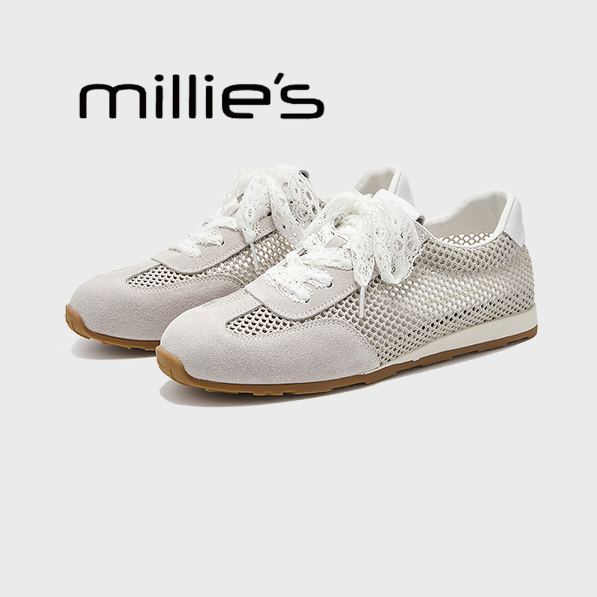 MILLIE'S/妙丽夏季圆头平底韩版网面透气蕾丝拼接阿甘休闲板鞋女,女鞋,包头拖,淘宝优惠券,粉丝福利购,淘宝优惠卷
