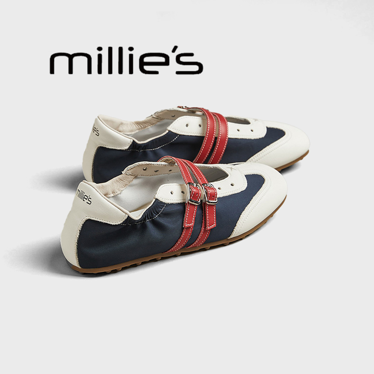 MILLIE'S/妙丽内增高浅口百搭芭蕾舞鞋女新款复古休闲双扣带单鞋