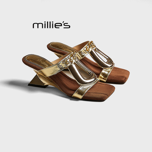 MILLIE'S/妙丽气质高级感露趾坡跟拖鞋女2026外穿踩屎感金色凉拖
