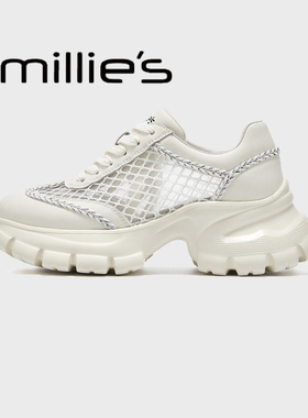 MILLIE'S/妙丽真皮厚底白色镂空凉鞋女款牛皮透气休闲运动老爹鞋