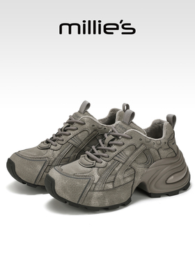 MILLIE'S/妙丽2025新款灰色厚底增高运动鞋复古风运动休闲鞋