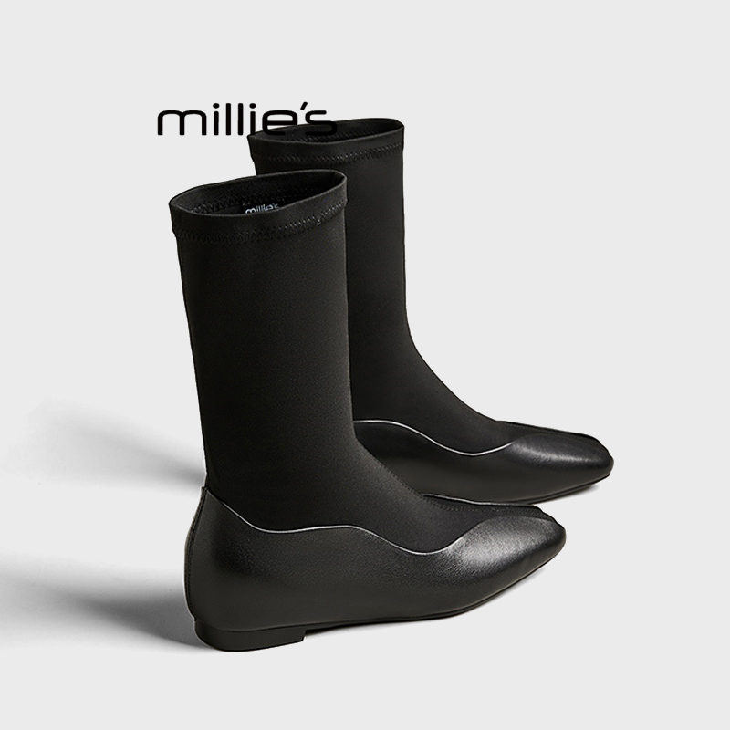 MILLIE'S/妙丽尖头平底时髦轻熟风真皮鞋面拼接时尚弹力靴冬季Z