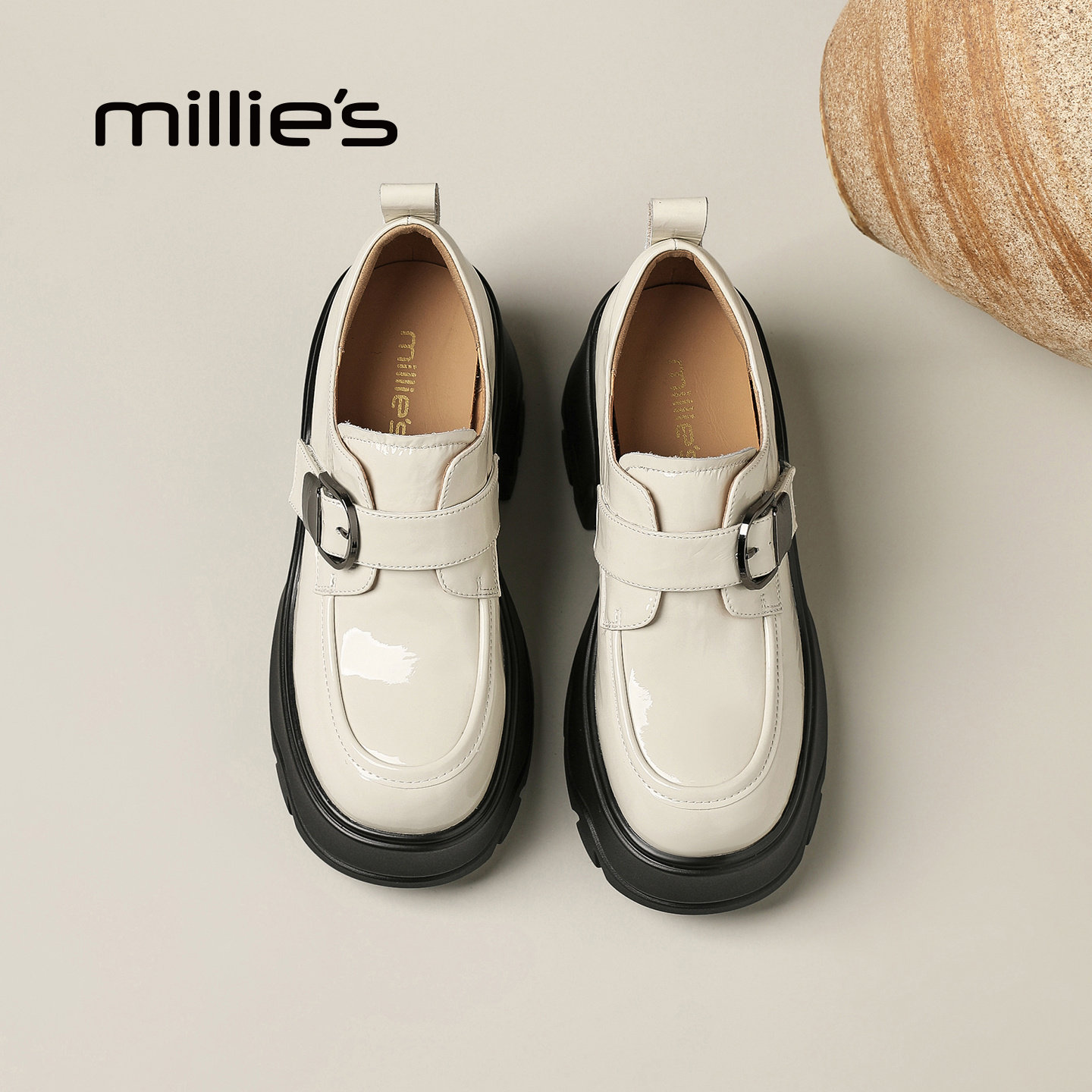 MILLIE'S/妙丽英伦风厚底乐福鞋女米色皮带扣增高通勤单鞋Q,女鞋,玛丽珍鞋,淘宝优惠券,粉丝福利购,淘宝优惠卷