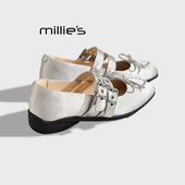 平底防水单鞋 MILLIE 双扣带春季 芭蕾舞鞋 妙丽复古银色玛丽珍鞋