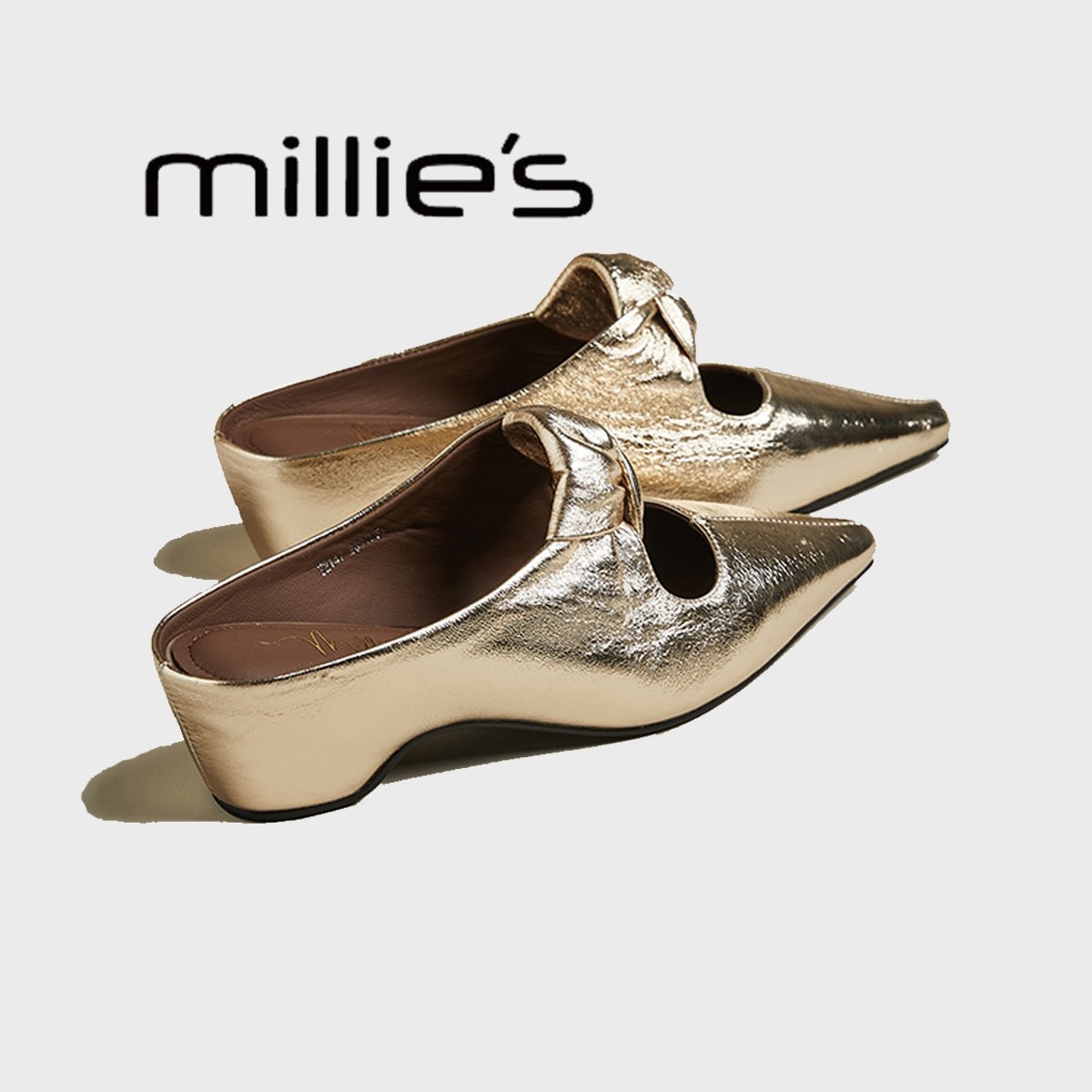 MILLIE'S/妙丽女鞋夏季新款金色真皮细跟尖头时尚拖鞋女外穿凉拖,女鞋,浅口单鞋,淘宝优惠券,粉丝福利购,淘宝优惠卷