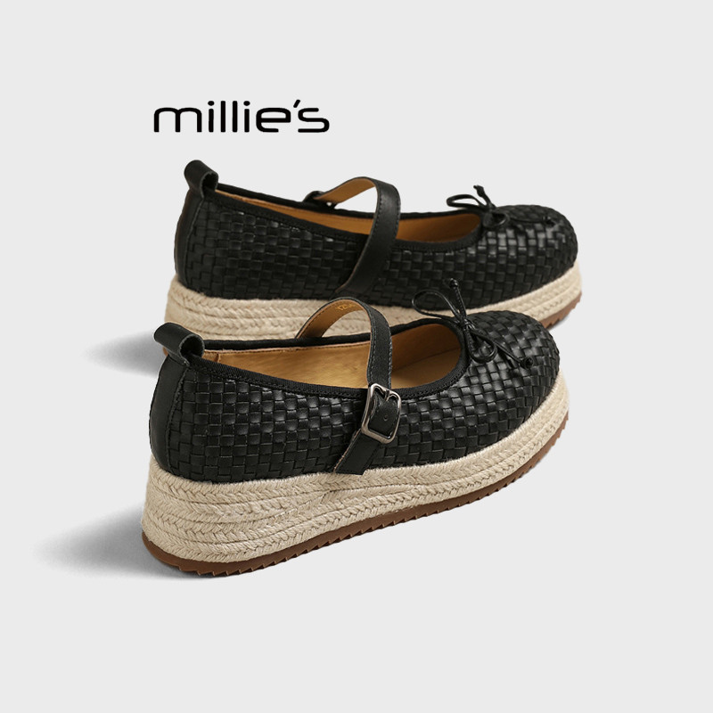 MILLIE'S/妙丽高跟厚底浅口单鞋女编织一字扣夏款镂空透气松糕鞋