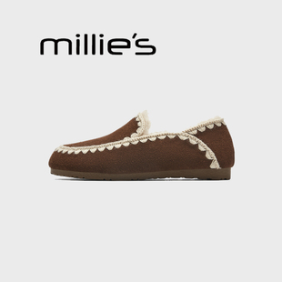 加绒保暖毛毛鞋 MILLIE 女一脚蹬豆豆鞋 妙丽反绒皮乐福鞋 咖色Z