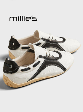 MILLIE'S/妙丽白色真皮德训鞋女款2025夏新款舒适透气时尚休闲鞋